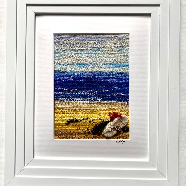 Sand sea sky, hand embroidered seascape 