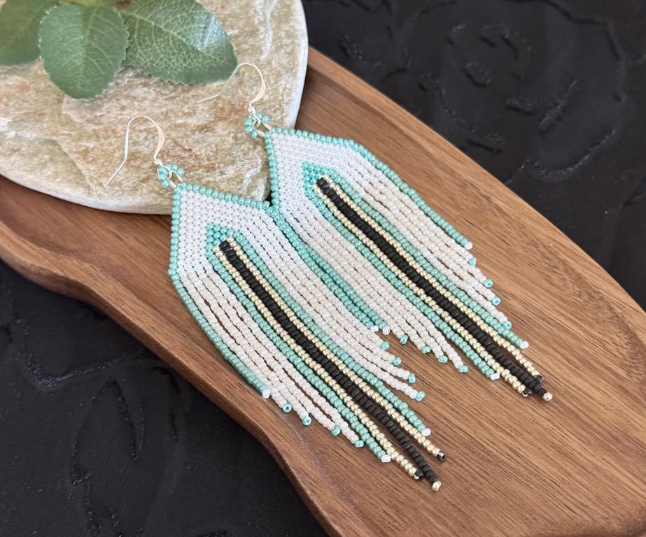 Long turquoise and white Southwestern style beaded fringe earrings 