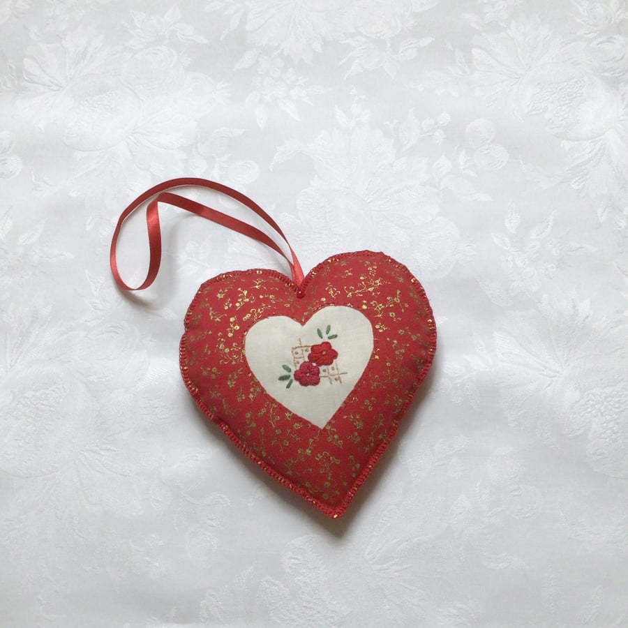 Red, hanging heart, fabric decoration, hand embroidered, floral, winter decor,