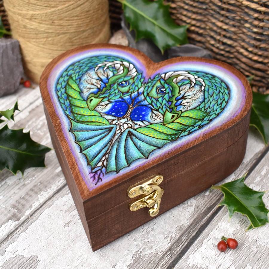 Rustic heart shaped pyrography dragon guardians jewellery box, treasure keeper.
