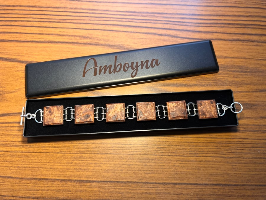 Handmade in the UK - Rustic Amboyna Wood & Sterling Silver Bracelet