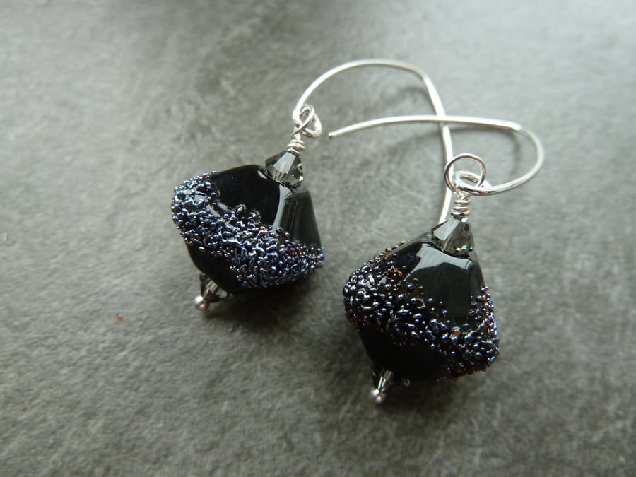 Black lampwork glass, sterling silver earrings