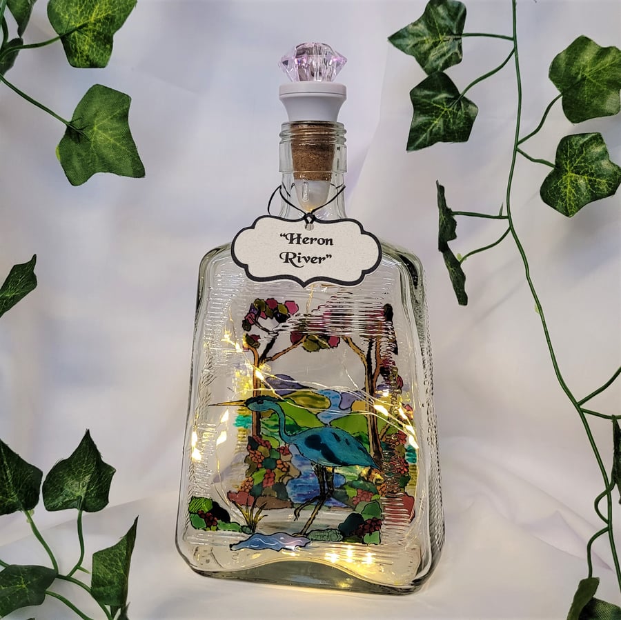 Heron River - Handpainted Bottle Light