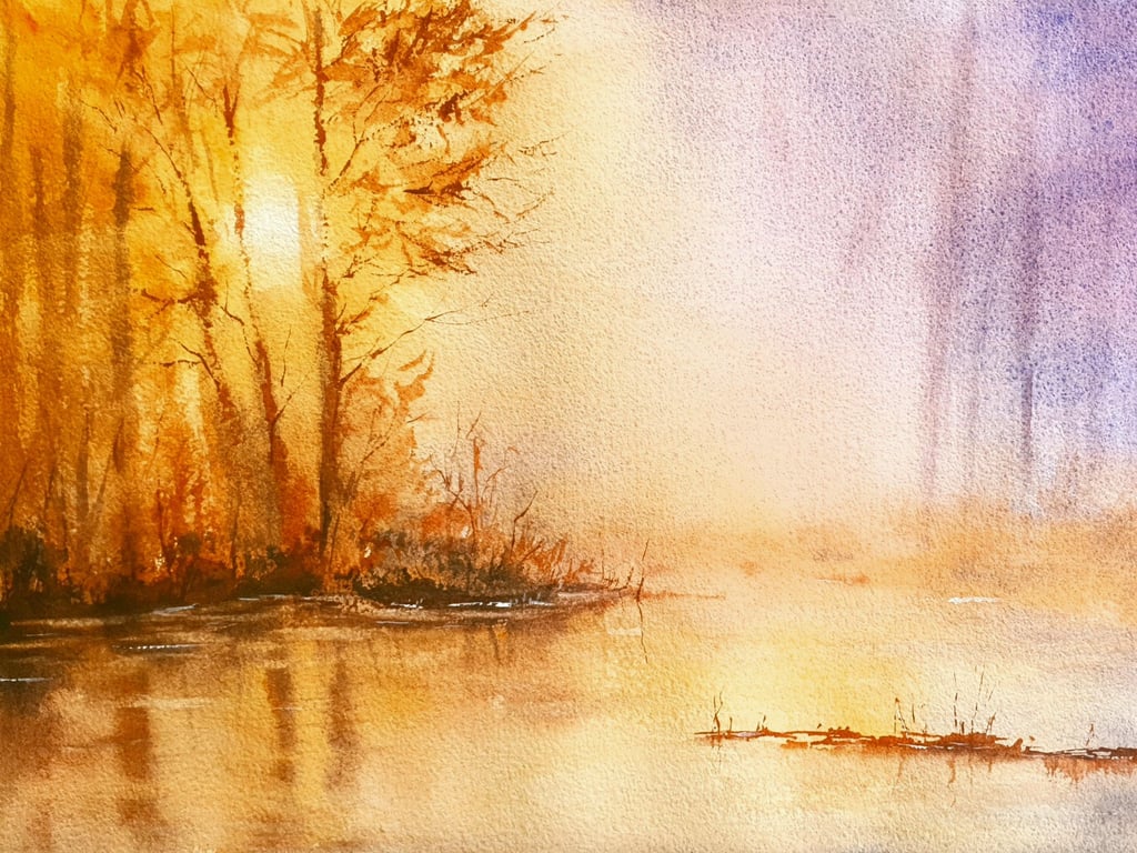 Original Watercolour Landscape .River Sunburst . 15x11 inches. 