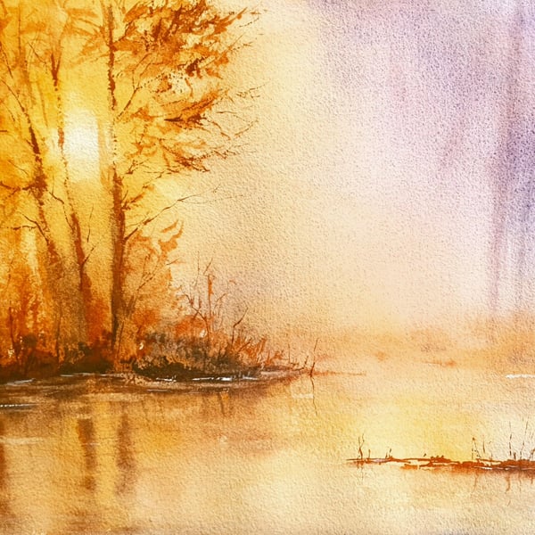 Original Watercolour Landscape .River Sunburst . 15x11 inches. 