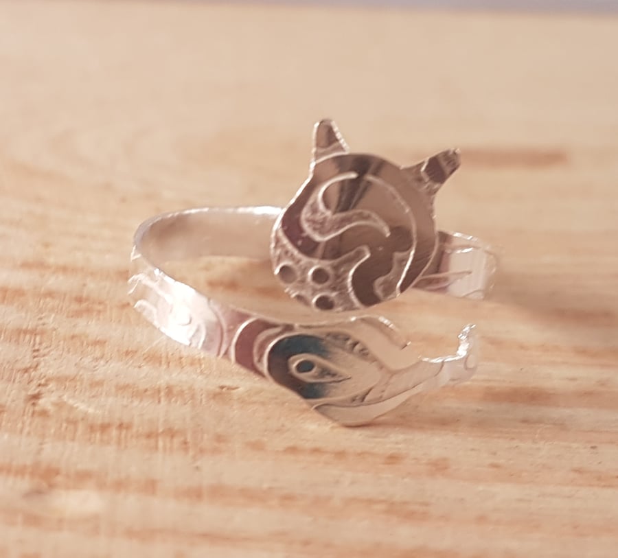 Sterling Silver Etched Zentangle Cat Cross Over Adjustable Ring