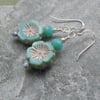 Czech Glass Turquoise Flower Sterling Silver Earrings