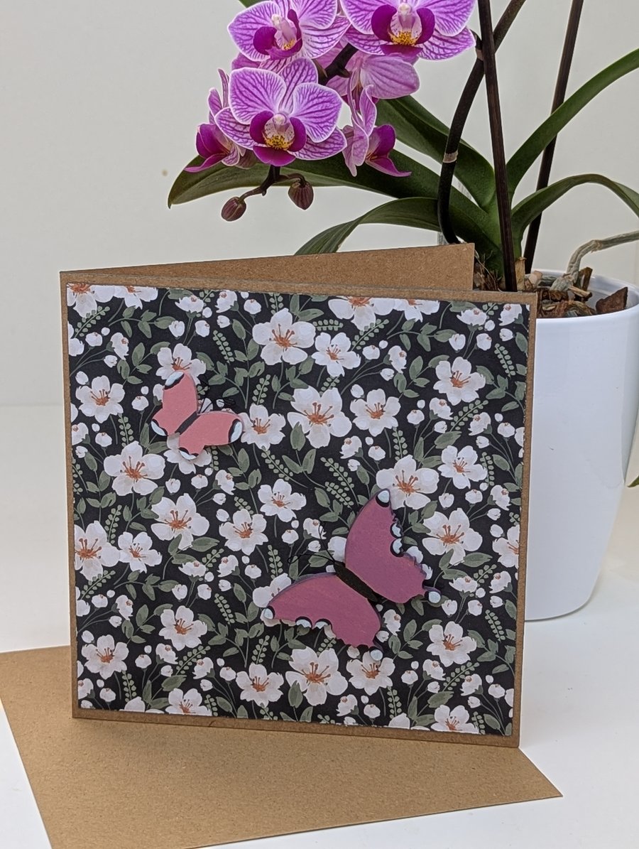 Blank card with hand painted wooden butterfly embellishments, for any occasion 