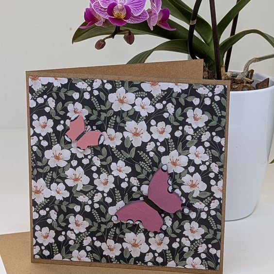 Blank card with hand painted wooden butterfly embellishments, for any occasion 