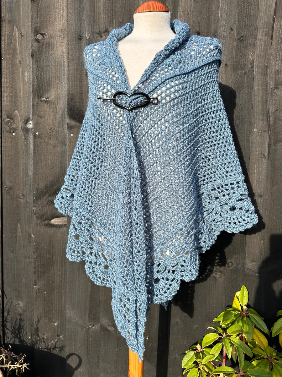 Blue grey alpaca rich lace triangle shawl 