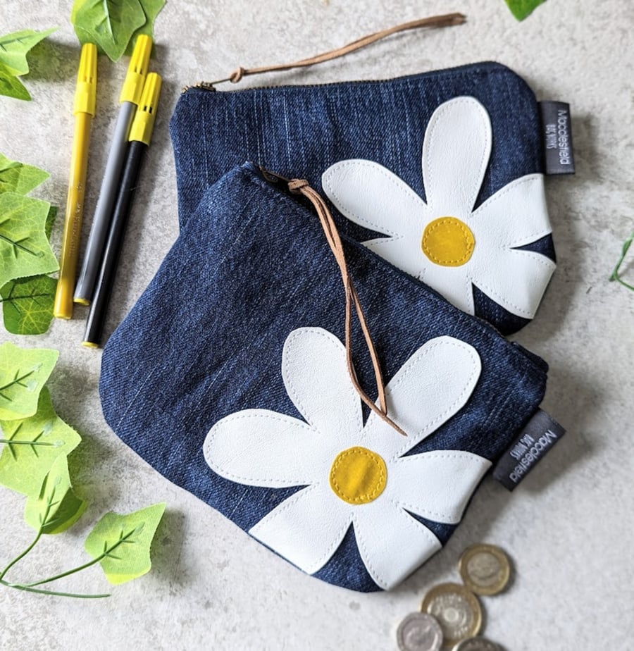 Denim Daisy Purse Large Pouch Purse, Pencil Case or Makeup Bag Daisies Motif