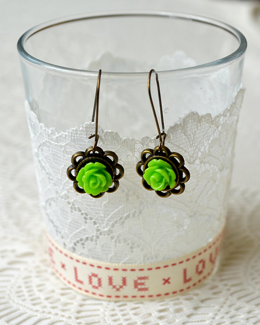Green Rose Cabochon Earrings