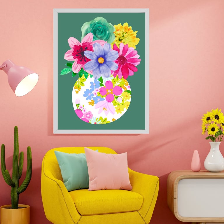 Colourful Flower Print, Bright Spring Wall Art, Exclusive Design, Framed