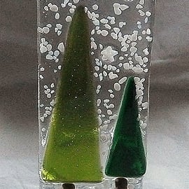 Fused glass festive green snowy tree candle holder or tealight holder