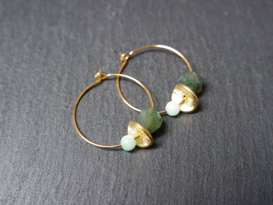 Floral Gemstone Hoops Moss Agate Quartz green turquoise gold