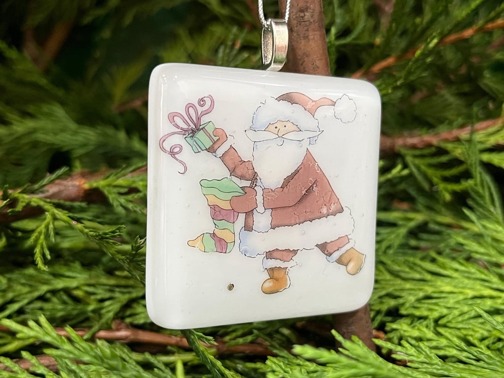 Unique Handcrafted Christmas Card with Artisan Fused Glass Santa with Gift Tree 