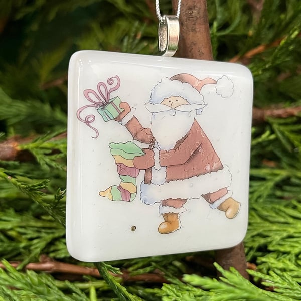 Unique Handcrafted Christmas Card with Artisan Fused Glass Santa with Gift Tree 