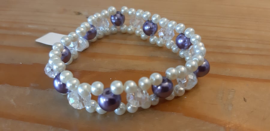 3 Layer Beaded Elastic Bracelet - Ivory and Purple