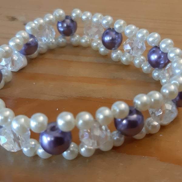 3 Layer Beaded Elastic Bracelet - Ivory and Purple