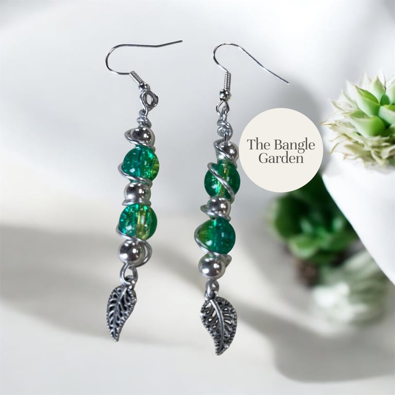 Wire wrapped Green Bead Earrings