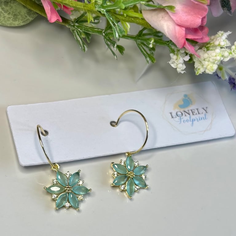 Mint Green Crystal Flower Earrings, Charm Earrings, Handmade Jewellery 