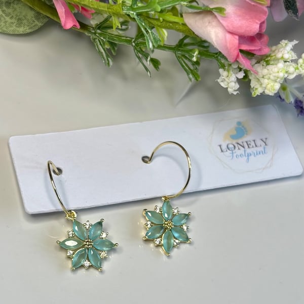 Mint Green Crystal Flower Earrings, Charm Earrings, Handmade Jewellery 