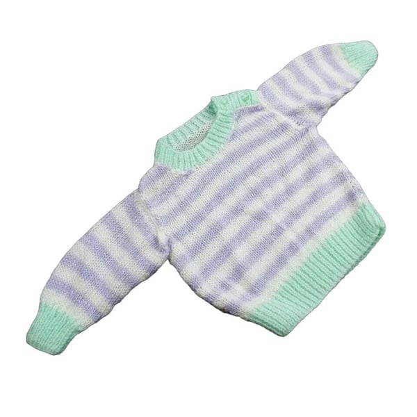 Hand knitted baby lilac and white striped jumper 3 - 6 months