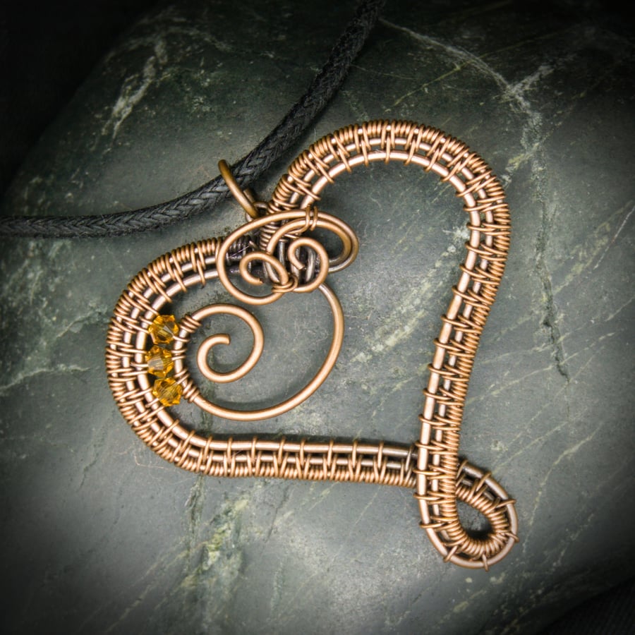 November Copper Heart Birthstone Pendant - Topaz Crystal Beads