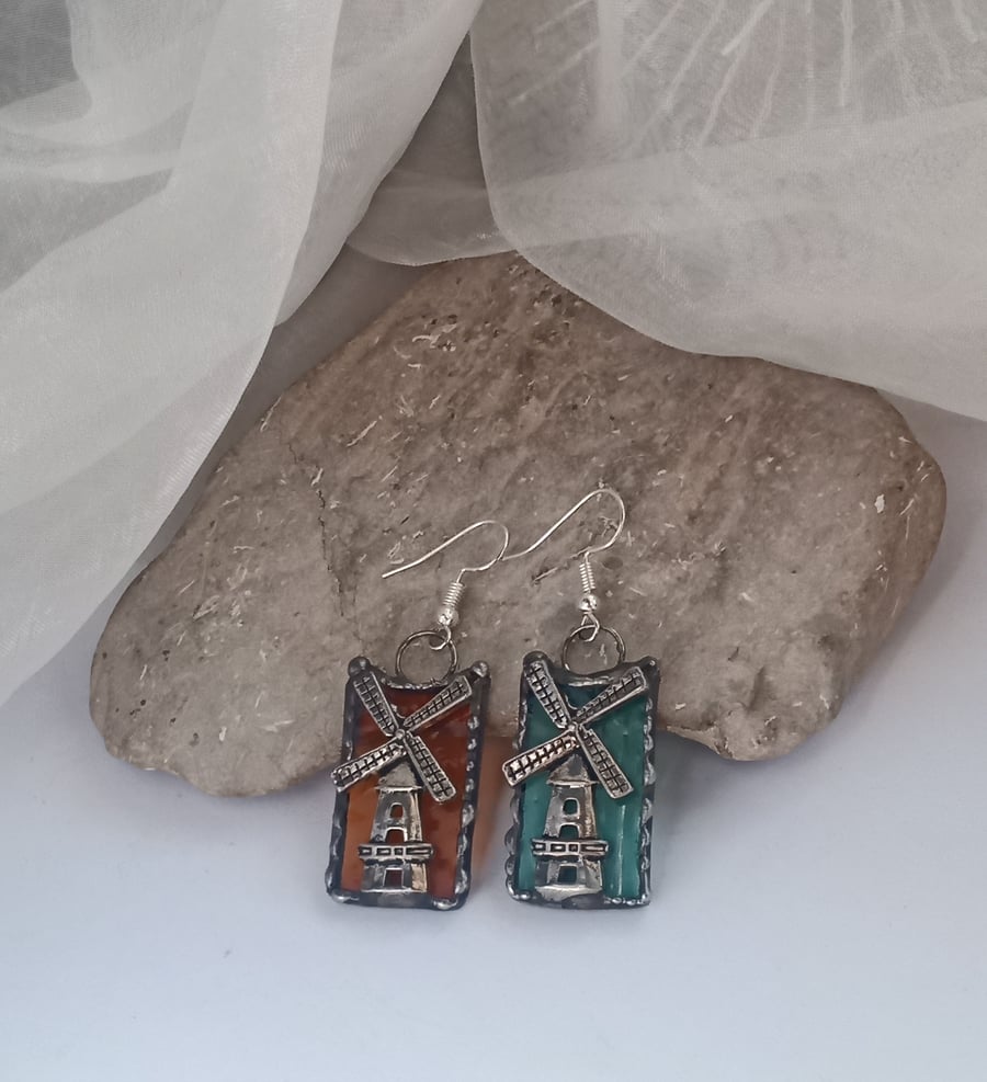 "Windmills" Stained Glass and Tibetan Silver Asymmetric earrings 