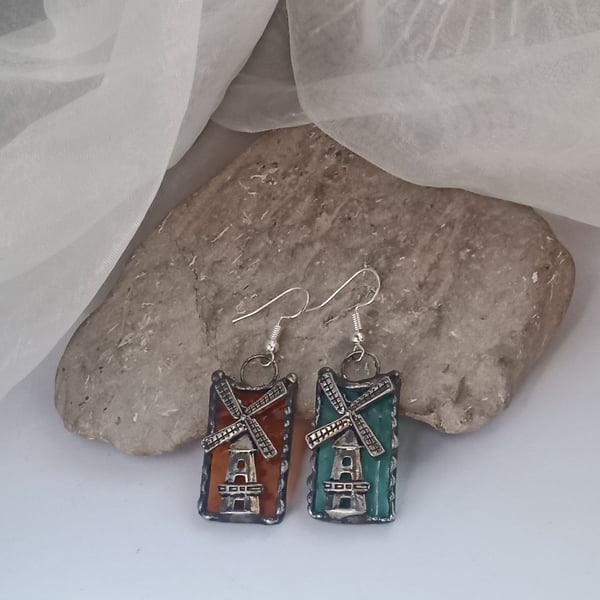 "Windmills" Stained Glass and Tibetan Silver Asymmetric earrings 