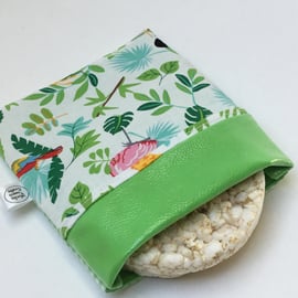 Large snack bag in green leaf print. Reusable and eco-friendly