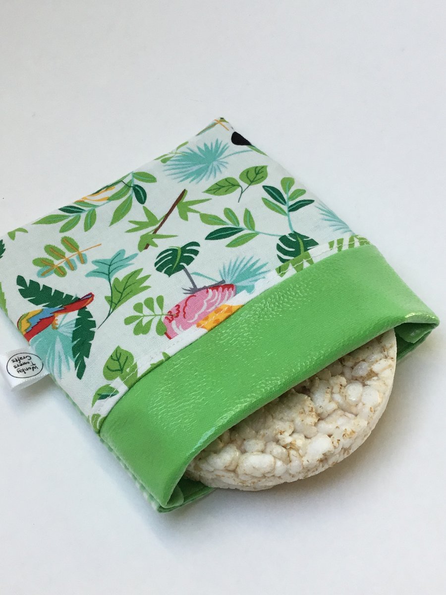 Large snack bag in green leaf print. Reusable and eco-friendly