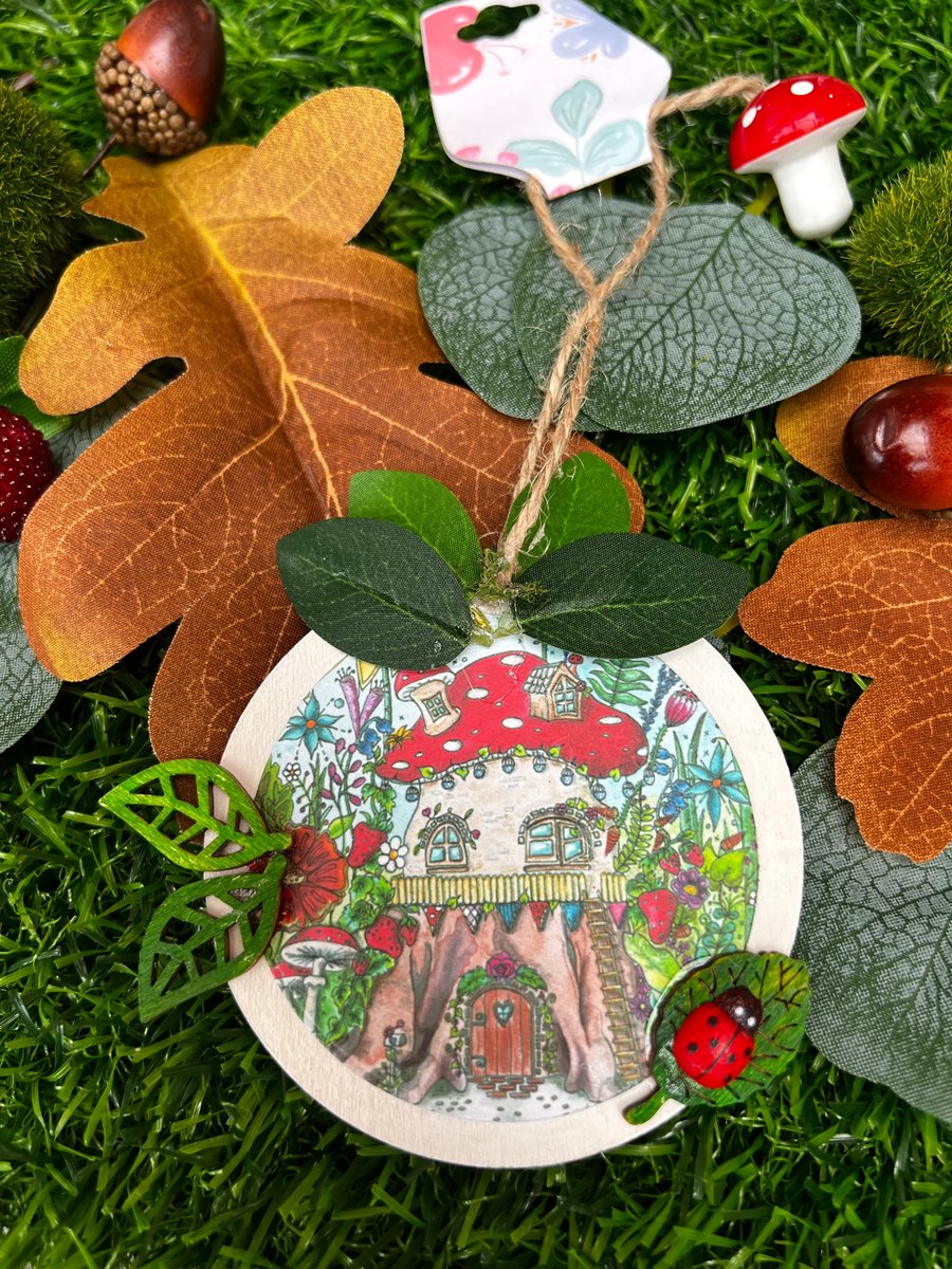 Fairy house wooden decorations with ladybird - Artists illustration