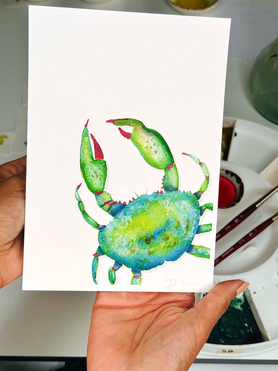 Hand Finished Watercolour A5 Signed Art Print - Teal The Crab Is Here!