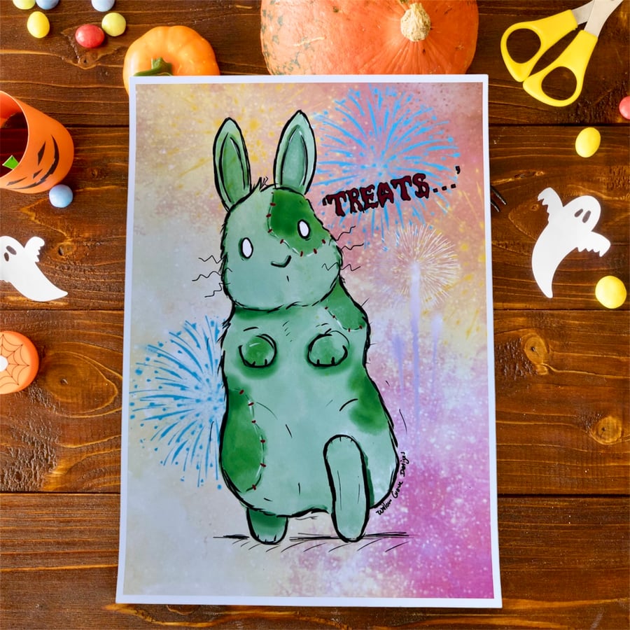 Zombie Halloween bunny A5 print