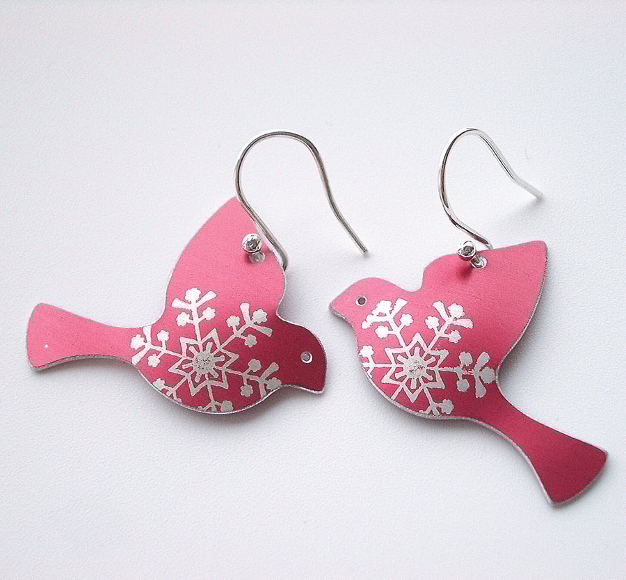 Christmas dove earrings in red with snowflake print