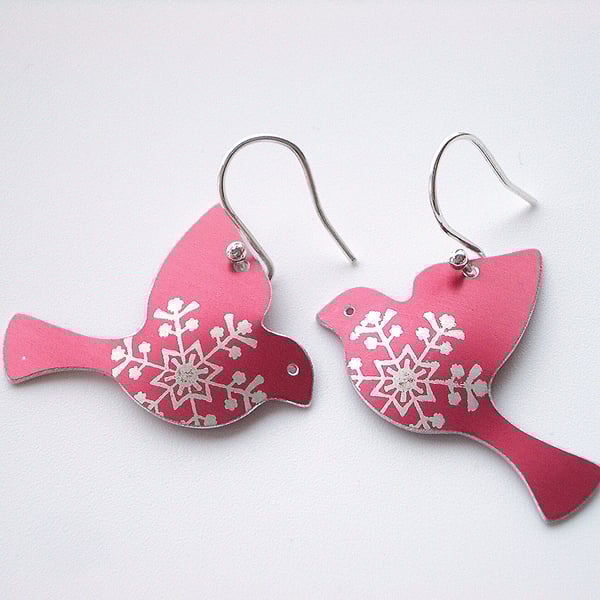 Christmas dove earrings in red with snowflake print