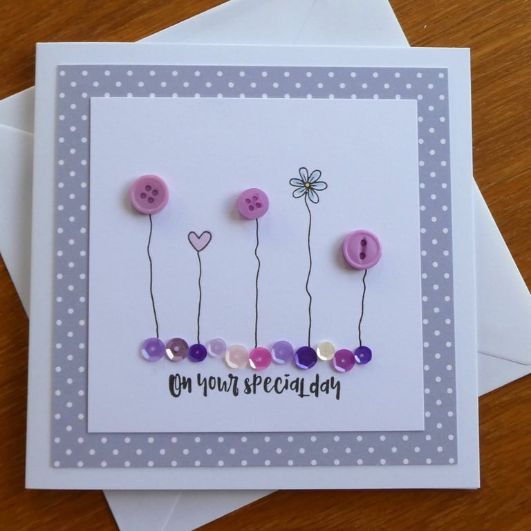 On Your Special Day Card - Flowers, Hearts and Sequins - Lilac and Grey