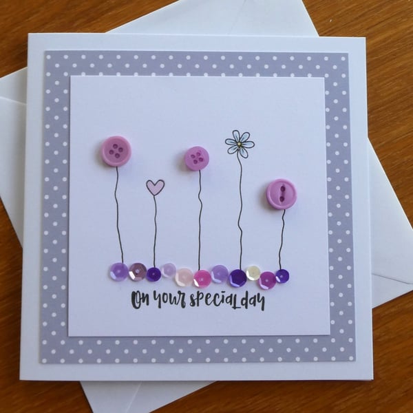 On Your Special Day Card - Flowers, Hearts and Sequins - Lilac and Grey