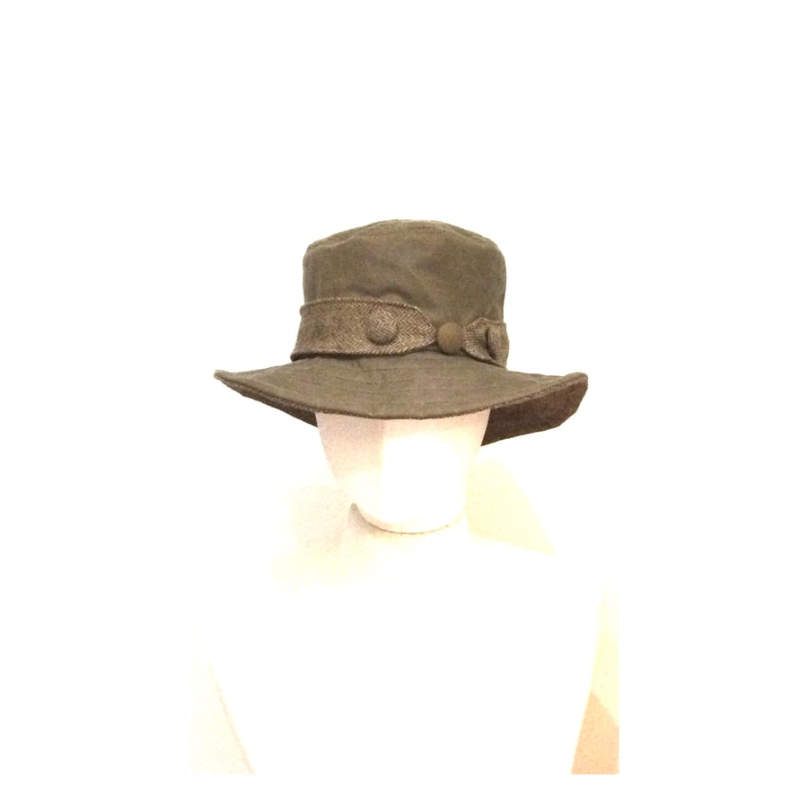 Waxed Cotton Bucket Hat Light Brown Herringbone