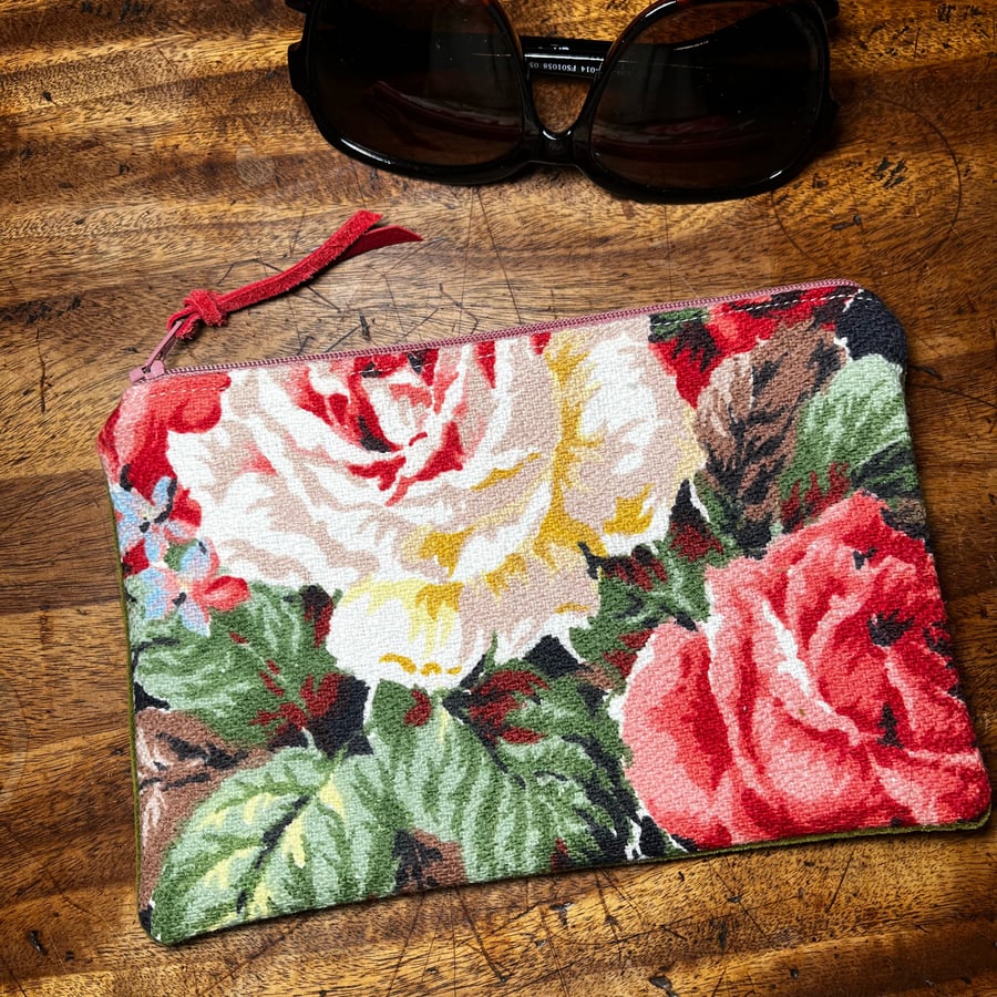 Vintage Rose Barkcloth and velvety green moleskin fabric small pouch