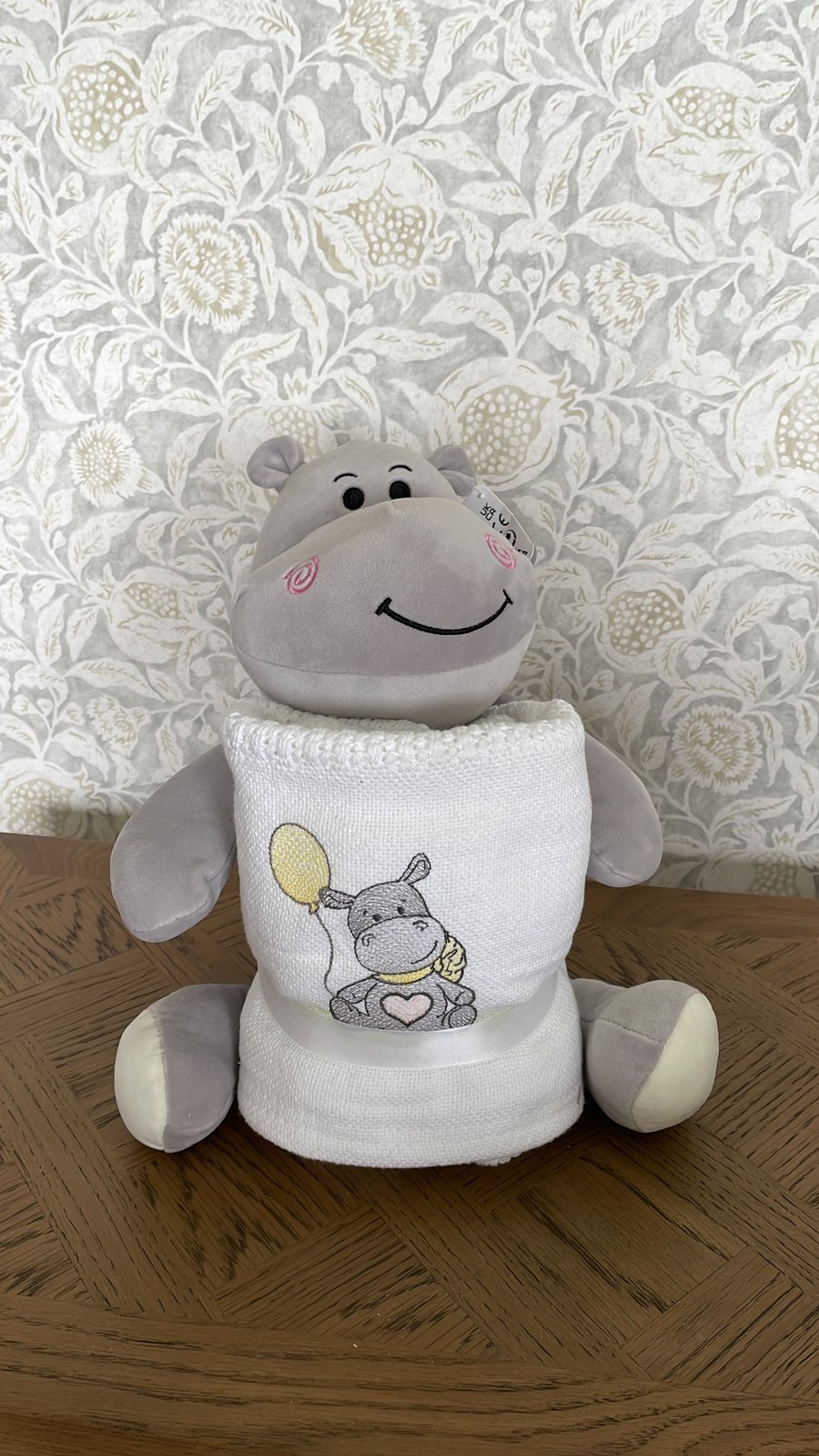 Plush hippo and Embroidered Baby Blanket