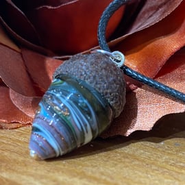 From Tiny Acorns - Blue and Green Lamp work glass acorn pendant