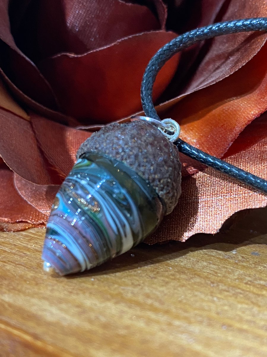 From Tiny Acorns - Blue and Green Lamp work glass acorn pendant