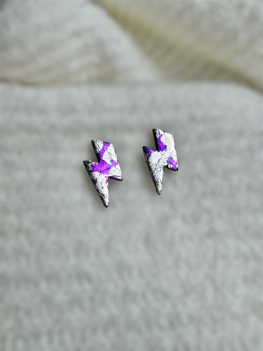 Lightning Bolt Earrings - Silver Purple