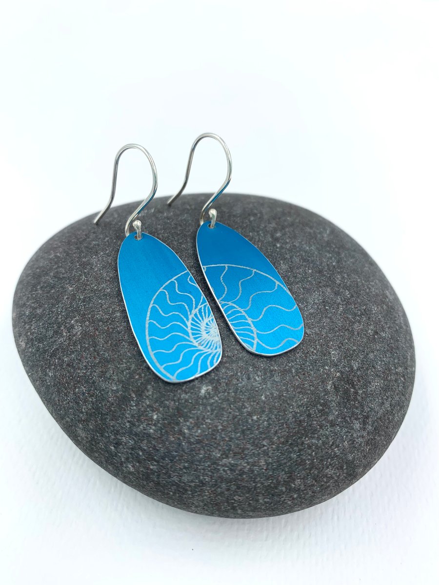 Turquoise anodised aluminium ammonite drop earrings