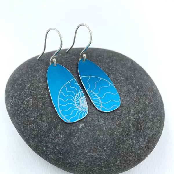 Turquoise anodised aluminium ammonite drop earrings