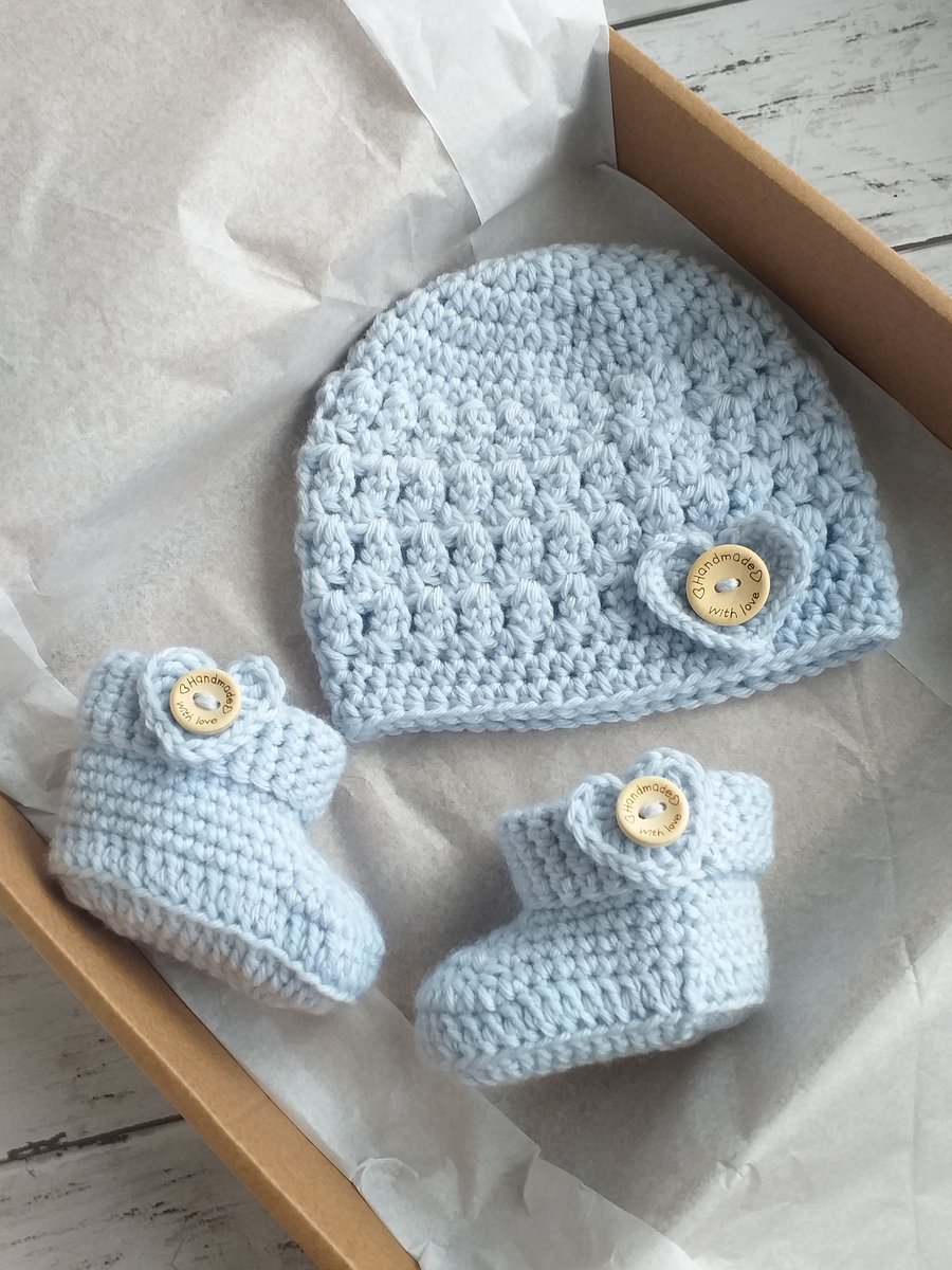 Blue Crochet Baby Beanie and Matching Booties