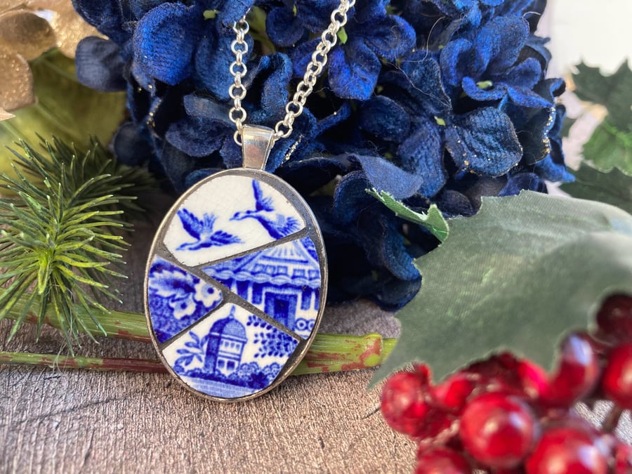 Broken China Mosaic Necklace - Blue and White Vintage China - Boho Style