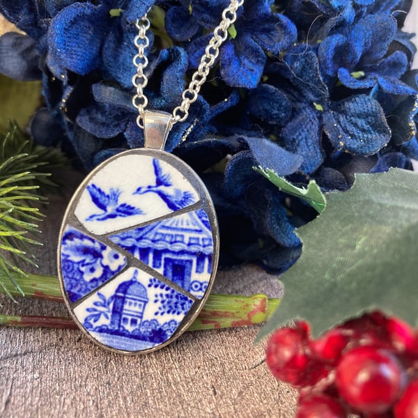 Broken China Mosaic Necklace - Blue and White Vintage China - Boho Style